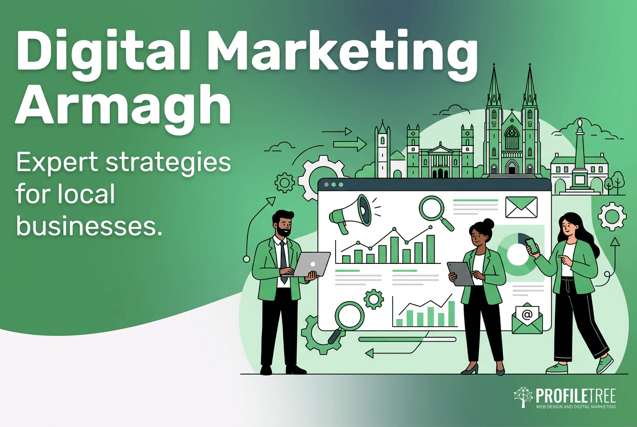 Three professionals working with digital charts and icons, set against line-art illustrations of Armagh landmarks in a graphic for Digital Marketing Armagh.