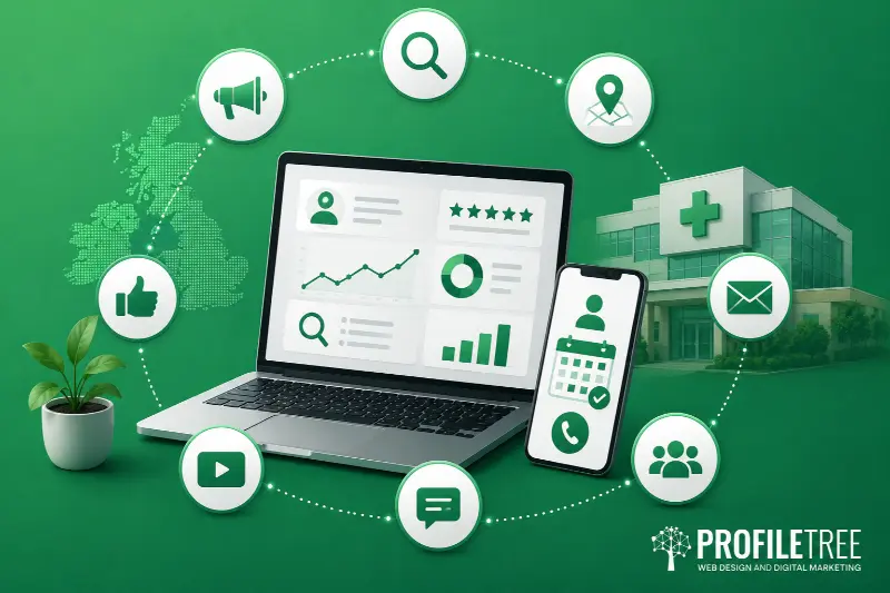 Digital Marketing for Healthcare Providers UK & Ireland Guide: A laptop and smartphone display healthcare data, surrounded by digital marketing icons like email, thumbs up, and video. A modern clinic and map are in the background, highlighting the connection between digital marketing and healthcare providers. PROFILETREE logo is at the bottom right.
