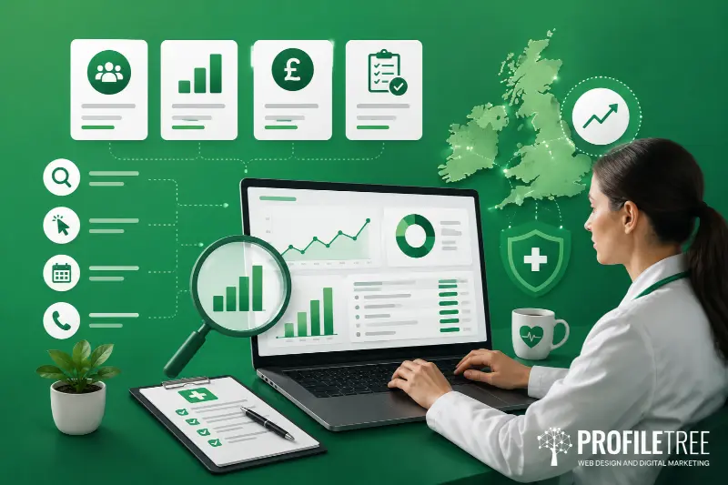 Digital Marketing for Healthcare Providers UK & Ireland Guide: A woman in a lab coat reviews healthcare data on a laptop. Charts, icons, and a UK map are displayed, suggesting analysis of medical or financial statistics for an NHS provider. A clipboard and plant are on the desk.