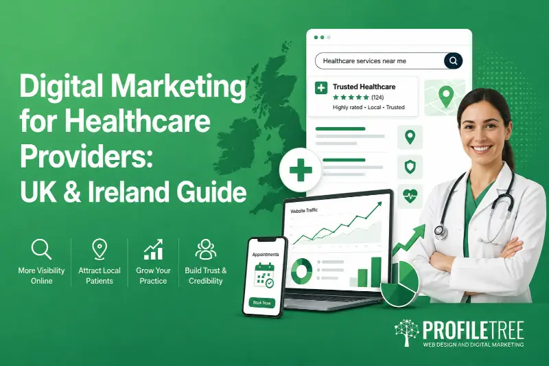 Digital Marketing for Healthcare Providers UK & Ireland Guide: A female healthcare professional stands next to digital devices displaying healthcare marketing graphics. Text reads Digital Marketing for Healthcare Professionals: UK & Ireland Guide. ProfileTree logo is at the bottom right. Icons highlight key benefits.