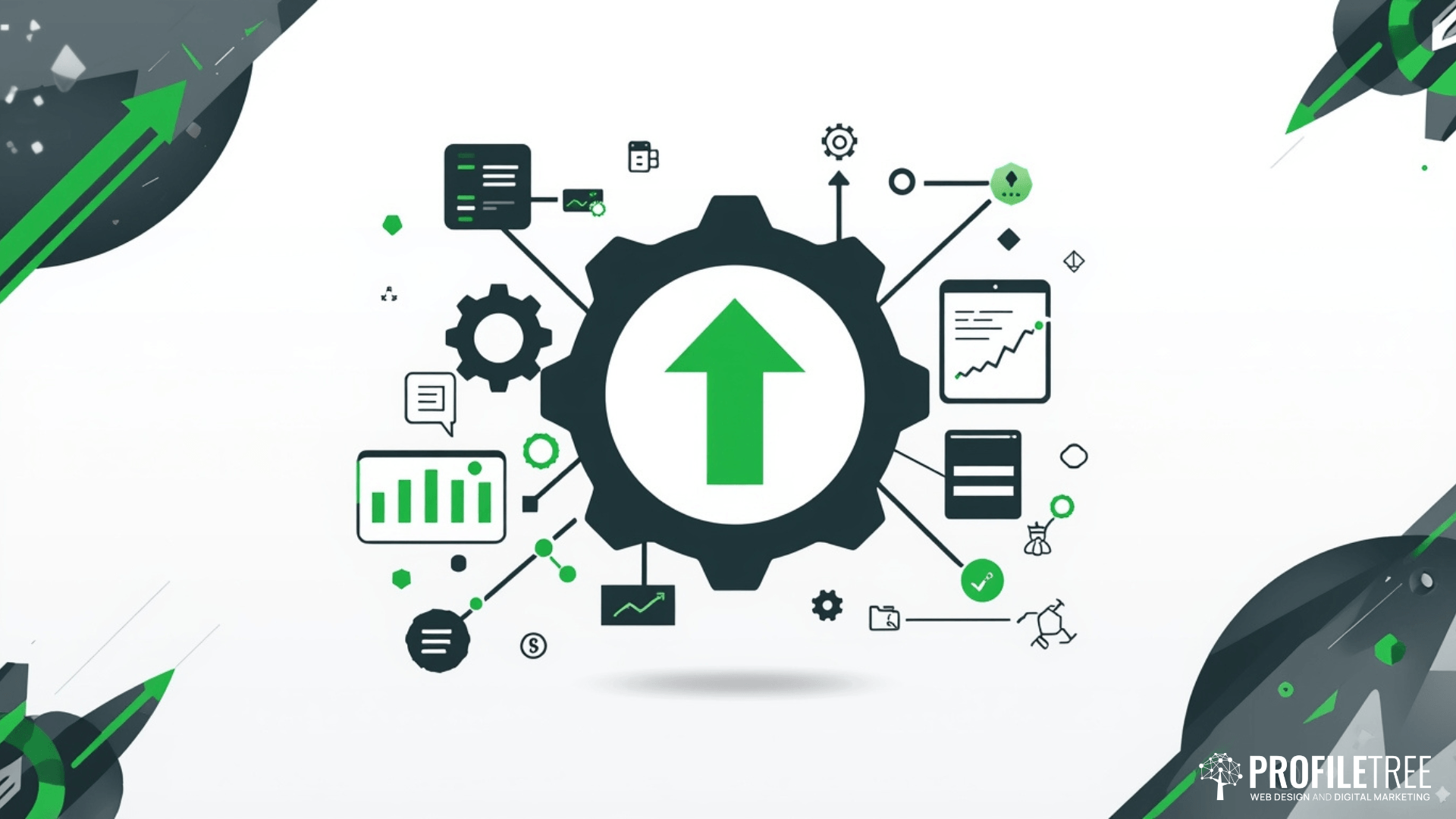 A large gear with an upward green arrow in the centre symbolises a strong digital marketing strategy, surrounded by icons of business and technology such as charts, documents, gears, and tick marks. The ProfileTree logo appears at the bottom right.