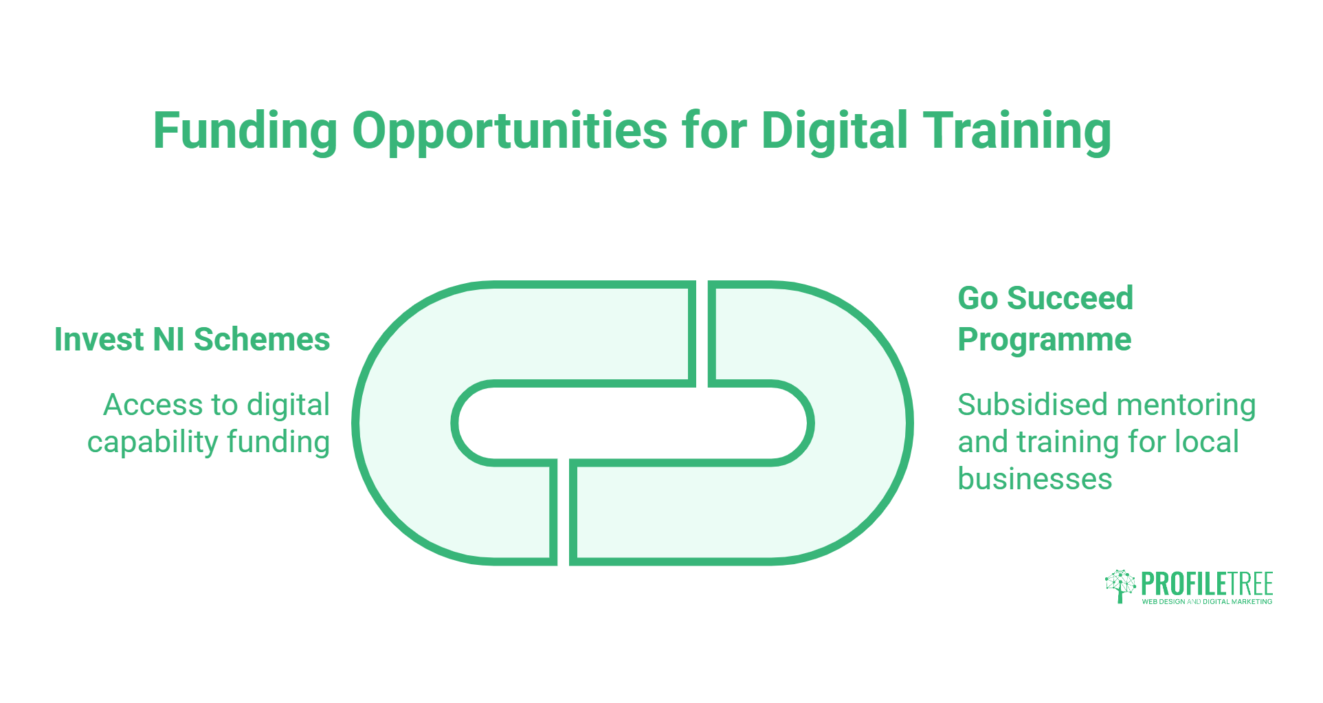 Green infographic titled “Funding Opportunities for Digital Training Ballymena” showing two options: “Invest NI Schemes” with access to digital capability funding, and “Go Succeed Programme” offering subsidised mentoring and training for local businesses.