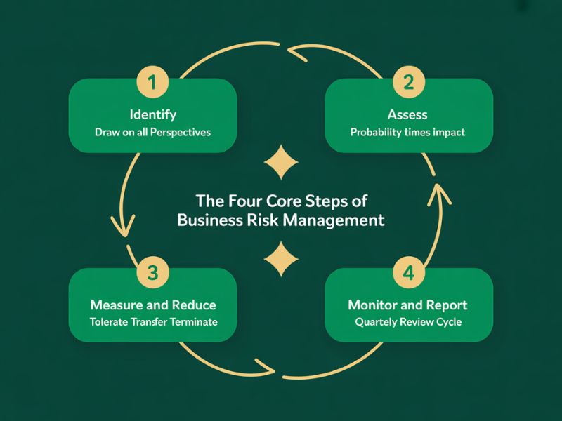 Flat vector circular diagram showing the four core steps of business risk management including identify assess measure and reduce and monitor arranged in a continuous clockwise flow
