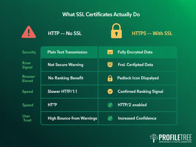 Flat vector comparison table showing five differences between HTTP sites without SSL certificates and HTTPS sites with SSL certificates covering security browser signals SEO speed and user trust