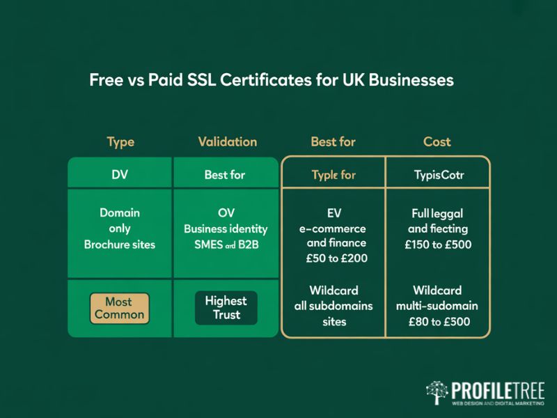 Flat vector table comparing four SSL certificate types for UK businesses including domain validated organisation validated extended validated and wildcard certificates with validation levels and typical costs