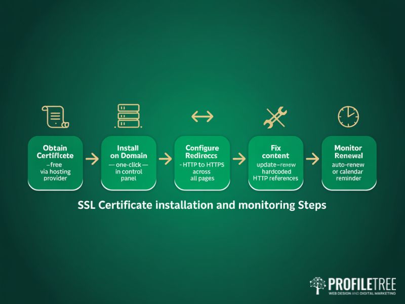 Flat vector five-step flow diagram showing the SSL certificate installation and monitoring process from obtaining a certificate through to renewal monitoring for UK small business websites