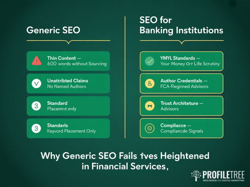 Flat vector comparing generic SEO approaches against the trust architecture required for SEO for banking institutions under Google's YMYL financial content standards