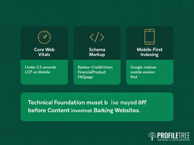 Flat vector showing three technical SEO priorities for banking websites including Core Web Vitals performance schema markup for financial products and mobile-first indexing requirements
