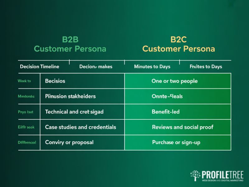 Flat vector comparison table showing five key differences between B2B and B2C customer personas covering decision timelines decision-makers content depth trust signals and conversion goals