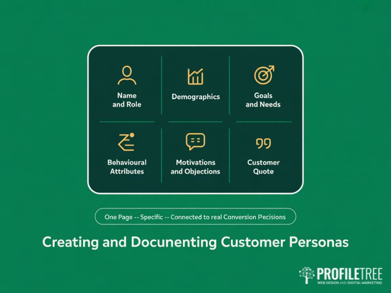 Flat vector showing a one-page customer persona profile card template with six sections covering name and role demographics goals behavioural attributes motivations and a real customer quote