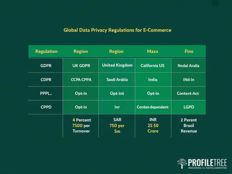 Flat vector reference table showing six major data privacy regulations affecting e-commerce businesses including GDPR UK GDPR CCPA PDPL DPDP Act and LGPD with consent models and maximum fines