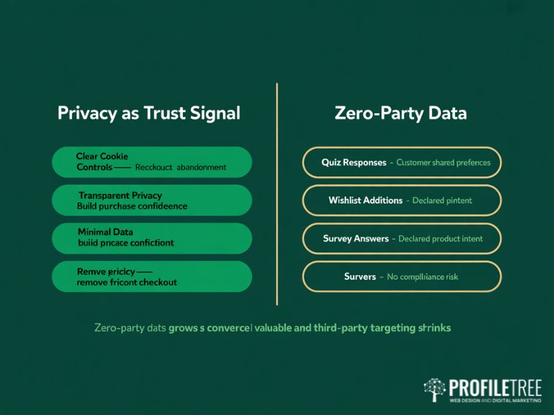  Flat vector showing how data privacy laws can improve conversion rates through trust signals on the left and how zero-party data provides a compliant marketing advantage as third-party cookies disappear on the right