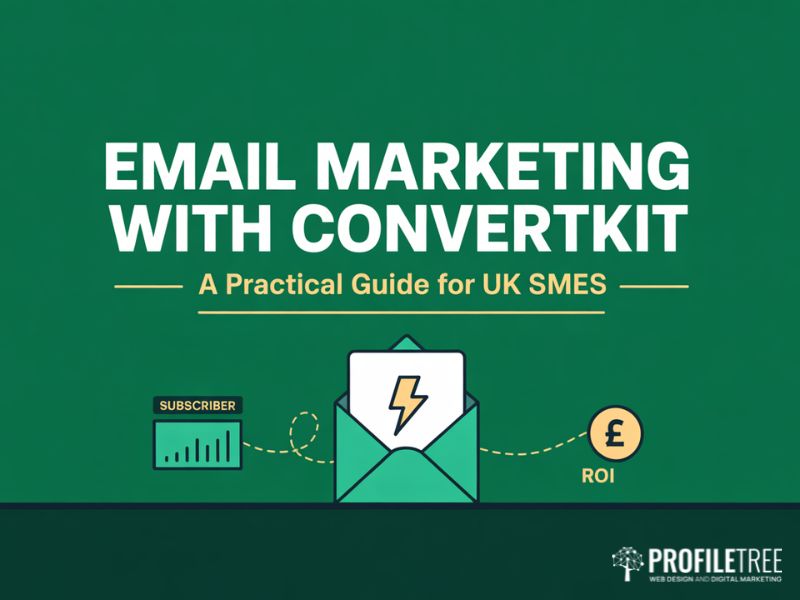 Hero image for email marketing with ConvertKit guide showing an envelope with automation bolt subscriber growth chart and ROI symbol with title text reading Email Marketing with ConvertKit A Practical Guide for UK SMEs