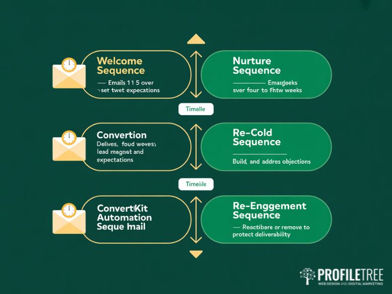 Flat vector showing three essential ConvertKit automation sequences for email marketing including a welcome sequence nurture sequence and re-engagement sequence with timelines and purpose for each