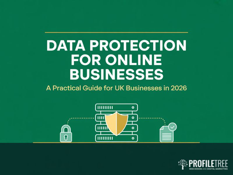 Hero image for data protection for online businesses guide showing a server rack with a security shield padlock and compliance document icon with title text reading Data Protection for Online Businesses A Practical Guide for UK Businesses in 2026