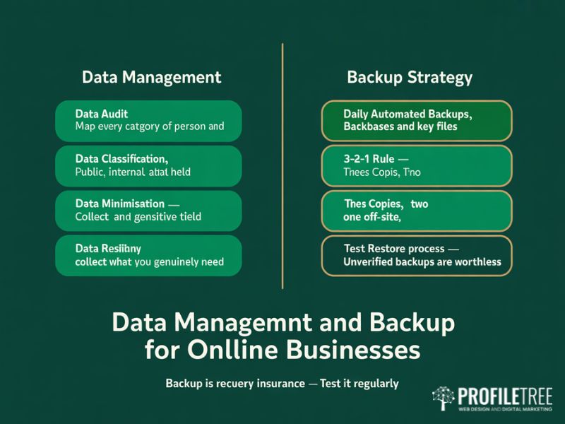 Flat vector showing three data management best practices on the left and a three-part backup strategy on the right for data protection for online businesses including the 3-2-1 backup rule