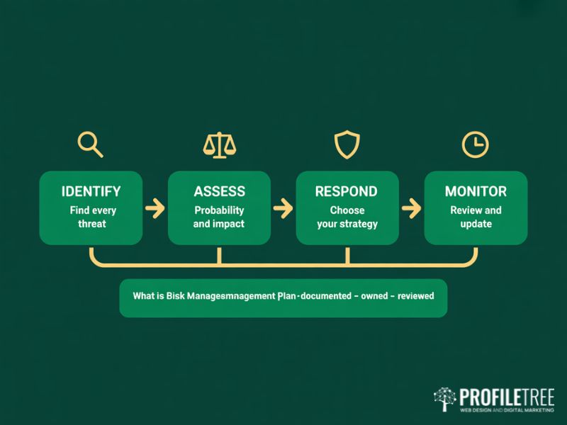 Flat vector showing the four-step business risk management process of identify assess respond and monitor with a risk management plan summary tile below