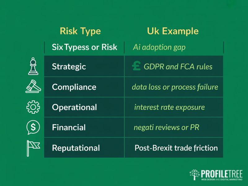 Flat vector reference table showing six types of business risk from strategic and compliance through to reputational and political with a UK context example for each