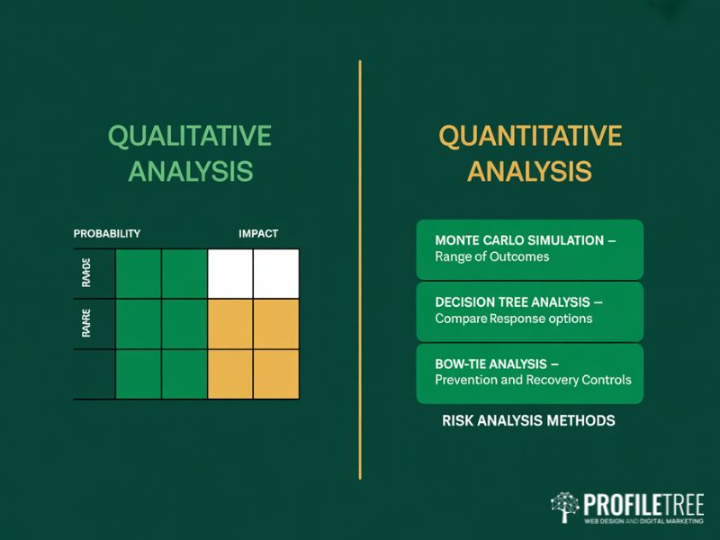 Flat vector showing two business risk management analysis approaches with a qualitative probability impact matrix on the left and three quantitative methods on the right