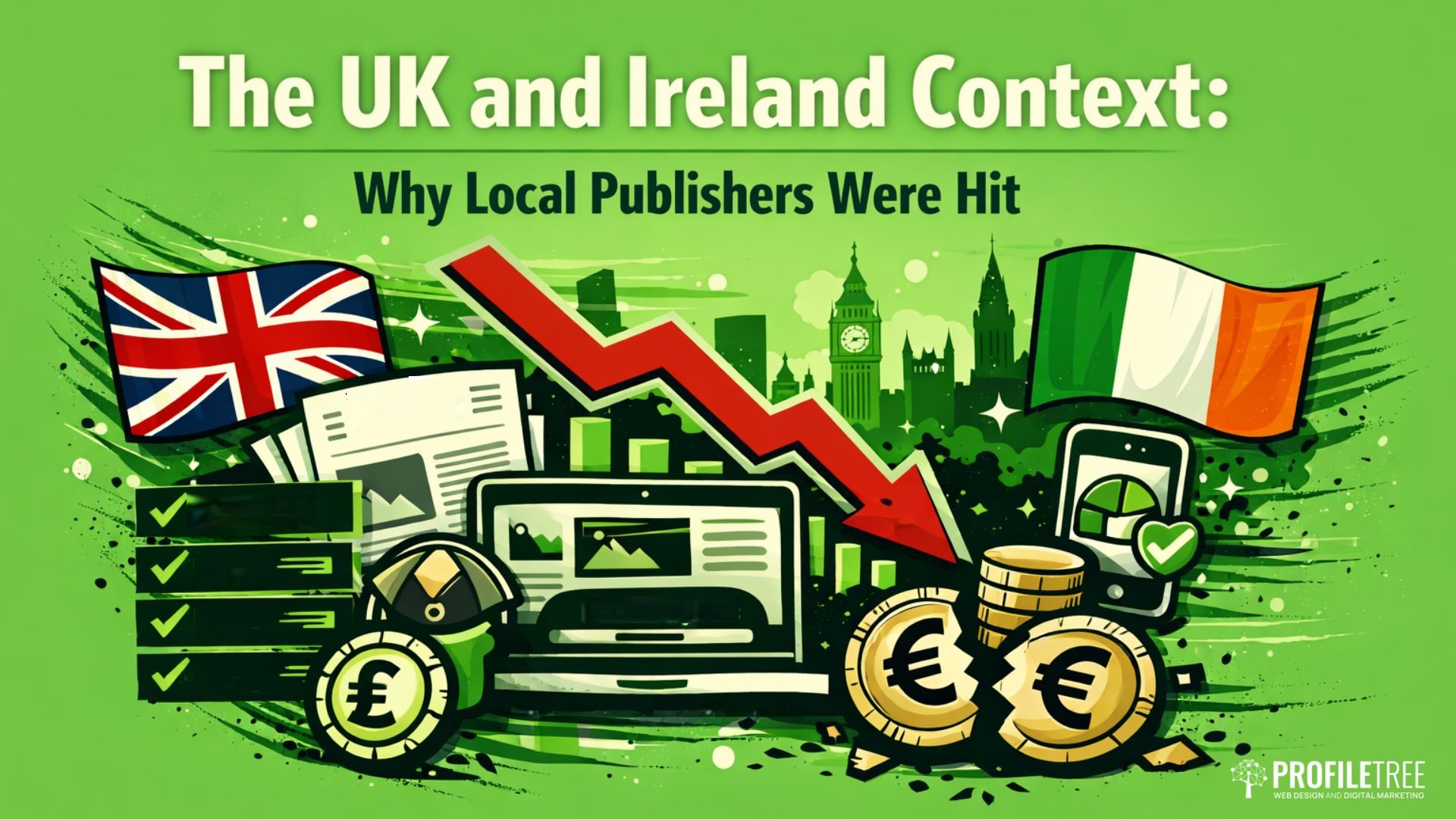 Illustration showing UK and Irish flags, newspapers, money, and a downward red arrow, representing financial decline for local publishers in the UK and Ireland amid SEO challenges like Google’s Helpful Content System, with London landmarks in the background.