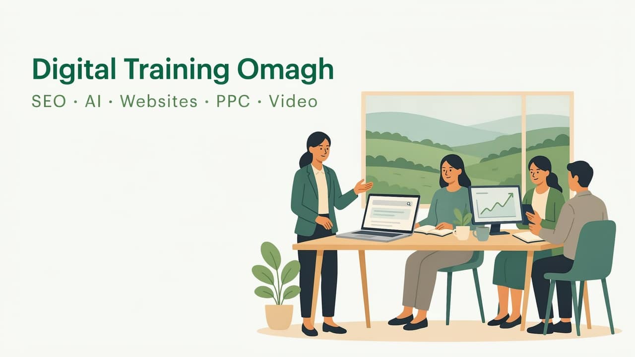 Digital training Omagh session with a ProfileTree trainer and small business team reviewing SEO and analytics on laptops