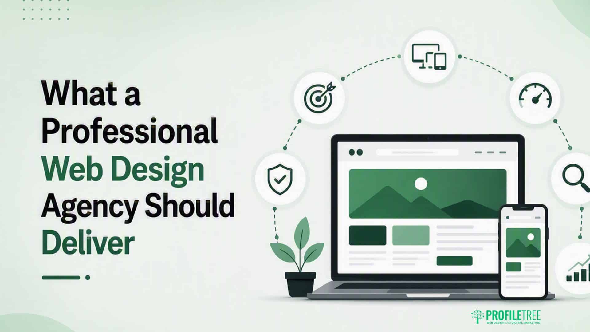 Illustration with text: What a Professional Web Design Agency Should Deliver. Features a laptop and mobile displaying websites, accompanied by icons for design, security, and target, plus a small plant. Perfect for businesses in the UK seeking expert digital solutions. Branding: ProfileTree.