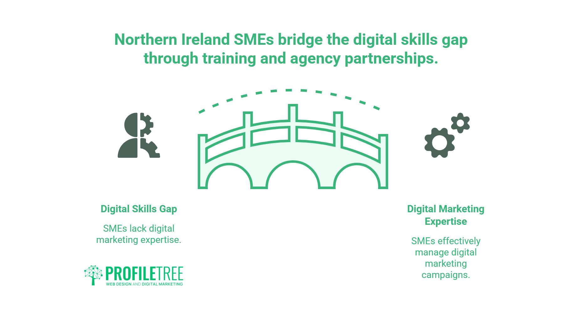 An infographic shows a bridge closing the digital skills gap for Northern Ireland Business SMEs through training and agency partnerships, featuring icons of a person needing digital skills and cogs symbolising Digital Marketing in Northern Ireland expertise.