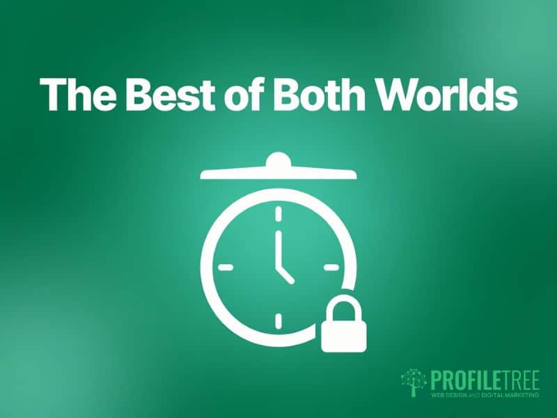 White text reads The Best of Both Worlds above a white icon of a clock with a padlock, symbolising the balance between fixed price project security and time and material pricing flexibility. The background is green. The bottom right features the PROFILETREE logo with a tree graphic, highlighting expertise in project pricing models.
