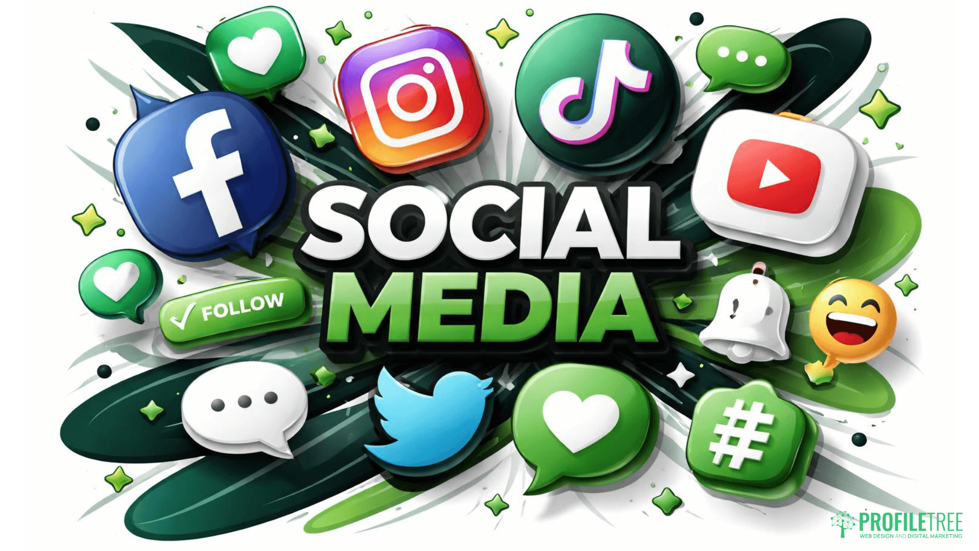 Colourful graphic featuring the words SOCIAL MEDIA, surrounded by icons for Facebook, Instagram, TikTok, YouTube, Twitter, and symbols like likes, comments, hashtags, and notifications—perfect for highlighting Social Media Marketing.