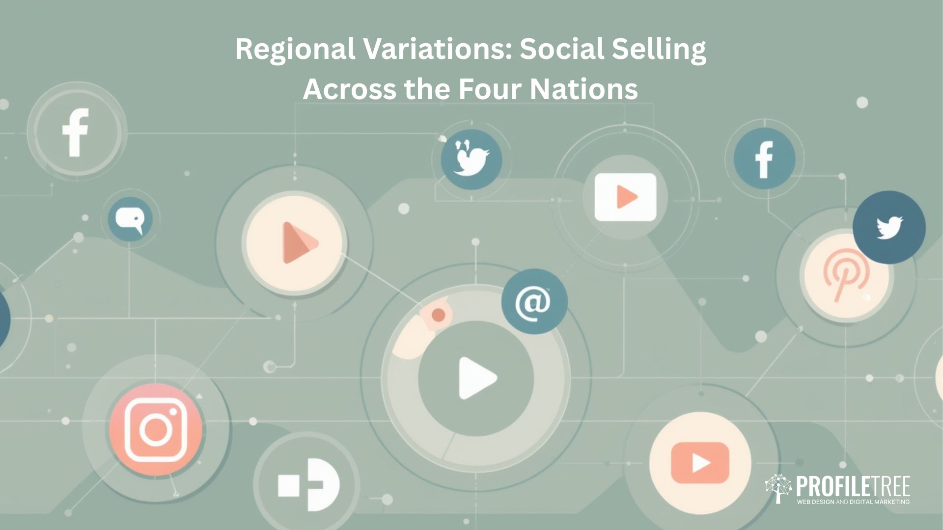 Graphic featuring icons for social media platforms and the text Regional Variations: Social Media Selling Across the Four Nations on a muted green background. ProfilTree logo appears at the bottom right.