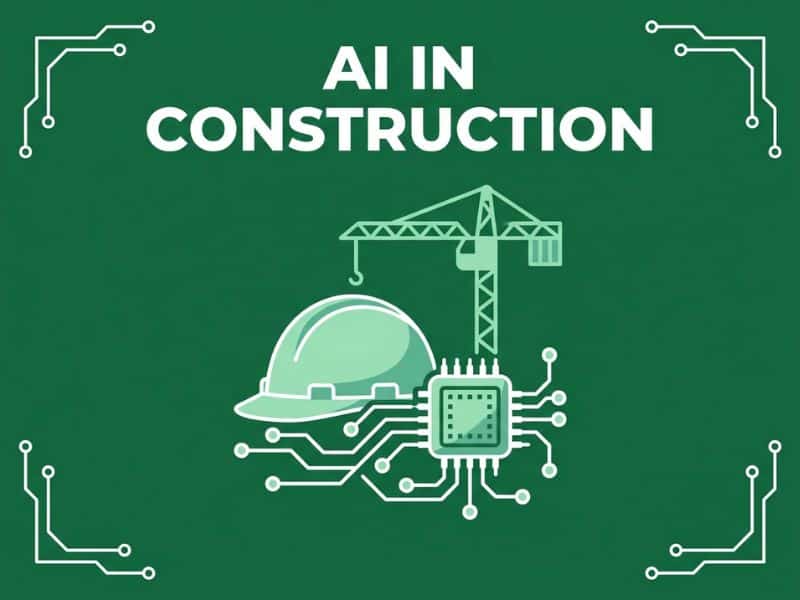 Vector illustration of a hard hat, microchip and crane representing AI in Construction for UK and Ireland firms