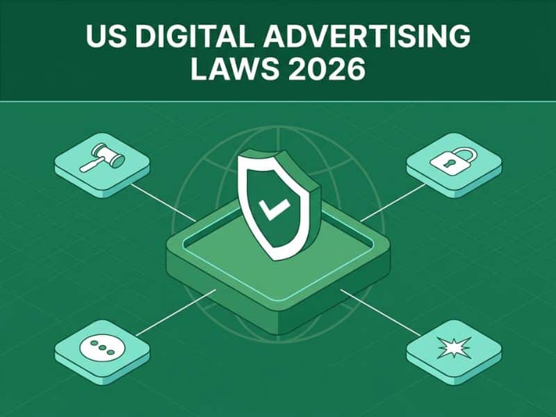 A graphic titled US Digital Advertising Laws 2026 shows a shield icon connected to icons of a gavel, lock, chat bubble, and starburst, symbolising legal, privacy, communication, and regulation aspects in digital advertising—highlighting key regulations such as CCPA that can inform UK SMEs navigating similar landscapes.