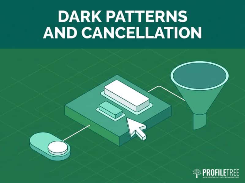 Vector illustration of unequal consent buttons and a funnel, showing dark pattern design risks under US Digital Advertising Laws.