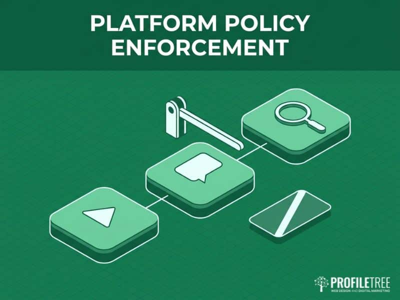 Vector illustration of three advertising platform tiles and a barrier, showing platform enforcement of US Digital Advertising Laws.