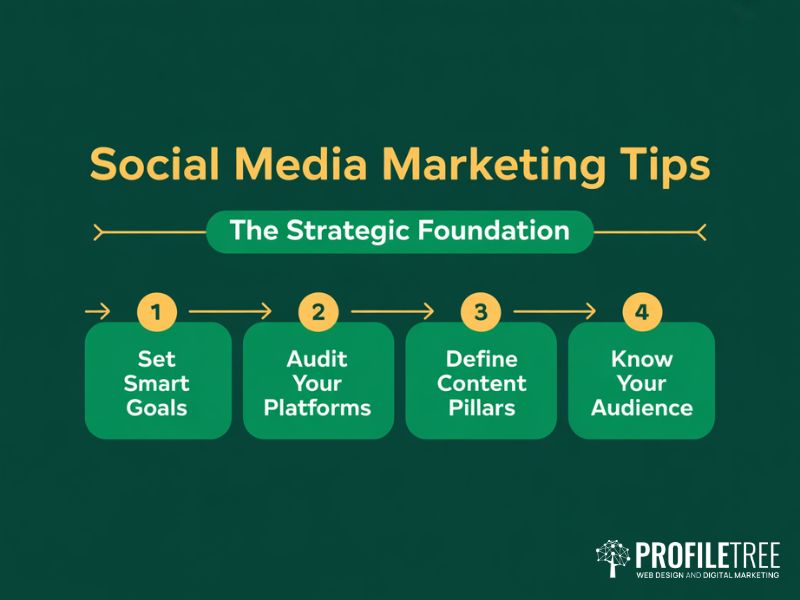 Flat vector four-step diagram showing the strategic foundation of a Social Media Marketing Tips framework covering goals audit pillars and audience
