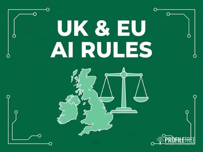 UK and Ireland map with scales icon illustrating the regulatory framework behind AI guidelines for small businesses