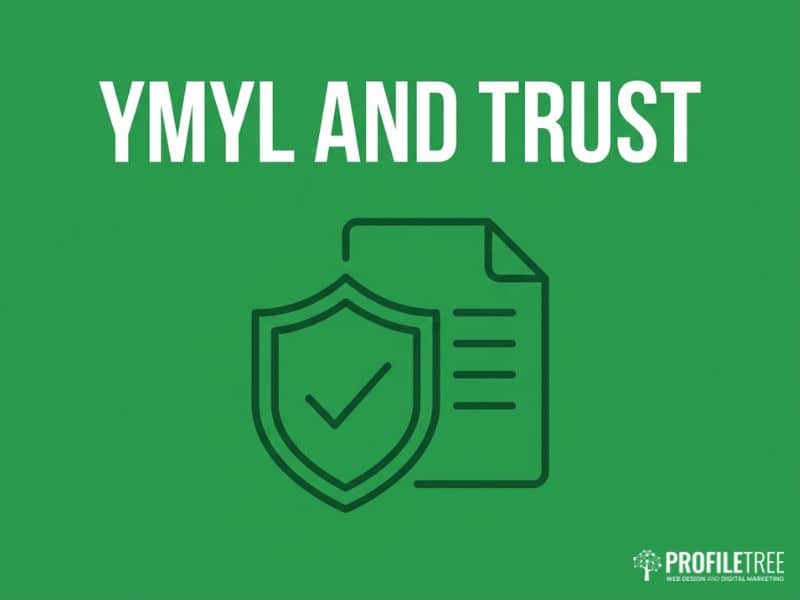 YMYL trust signals for banking institutions shown with a shield and document icon