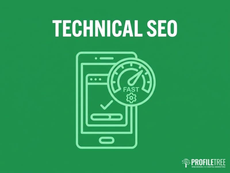 Technical SEO foundations for banking institutions shown with a mobile speed gauge icon
