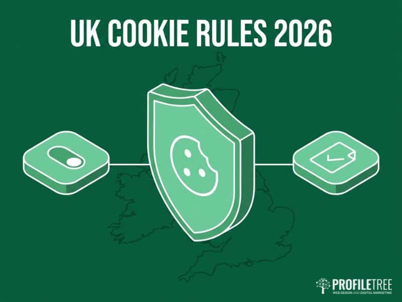 Vector graphic showing UK cookie consent rules affecting marketing analytics statistics collection.