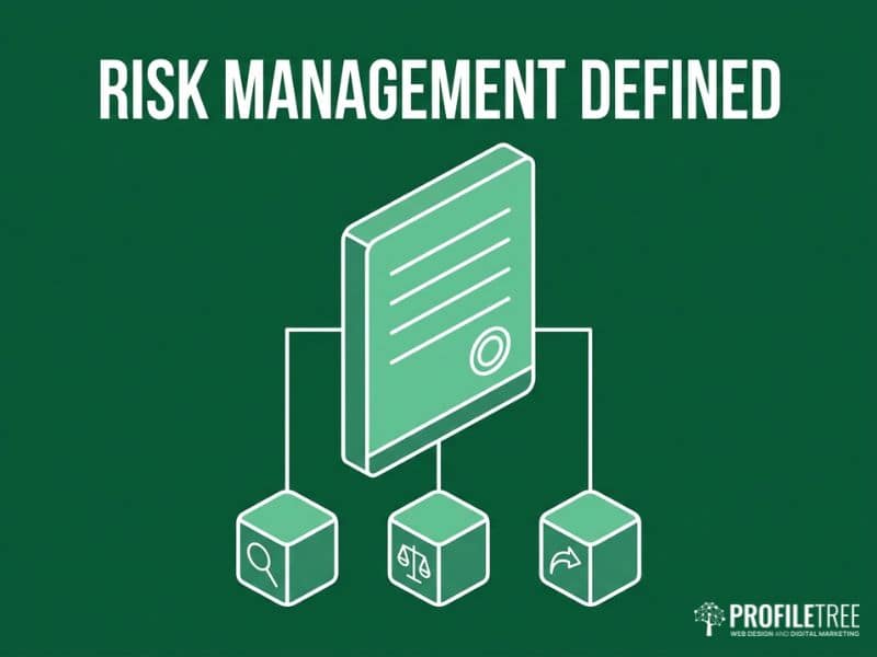 Business Risk Management plan document with magnifying glass, scales and arrow icons in vector style