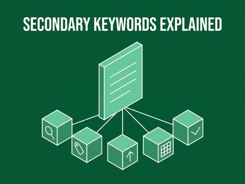 Isometric vector illustration showing how Secondary Keywords connect to a central page topic