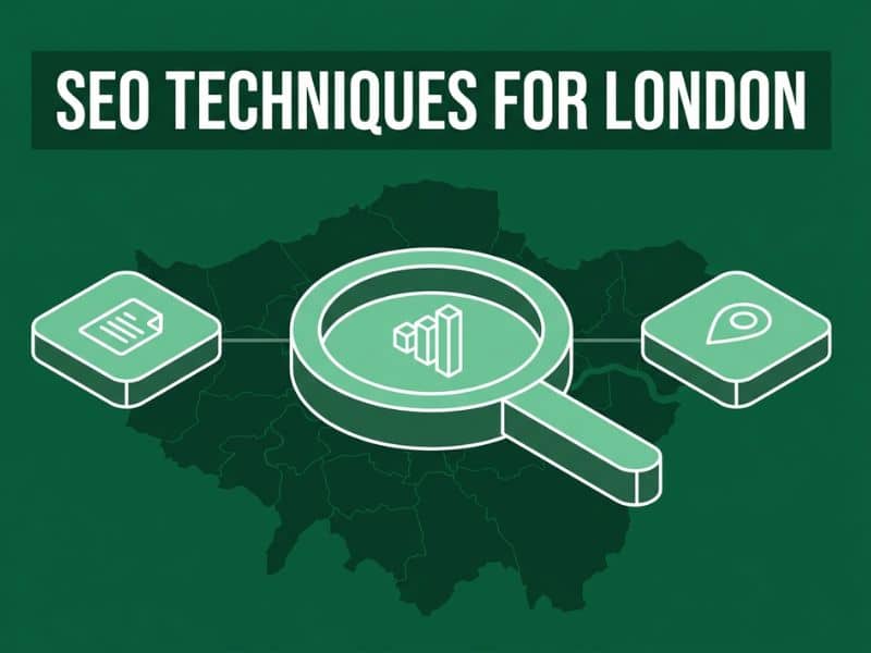 Vector illustration of SEO Techniques for London's competitive search market on a dark green background