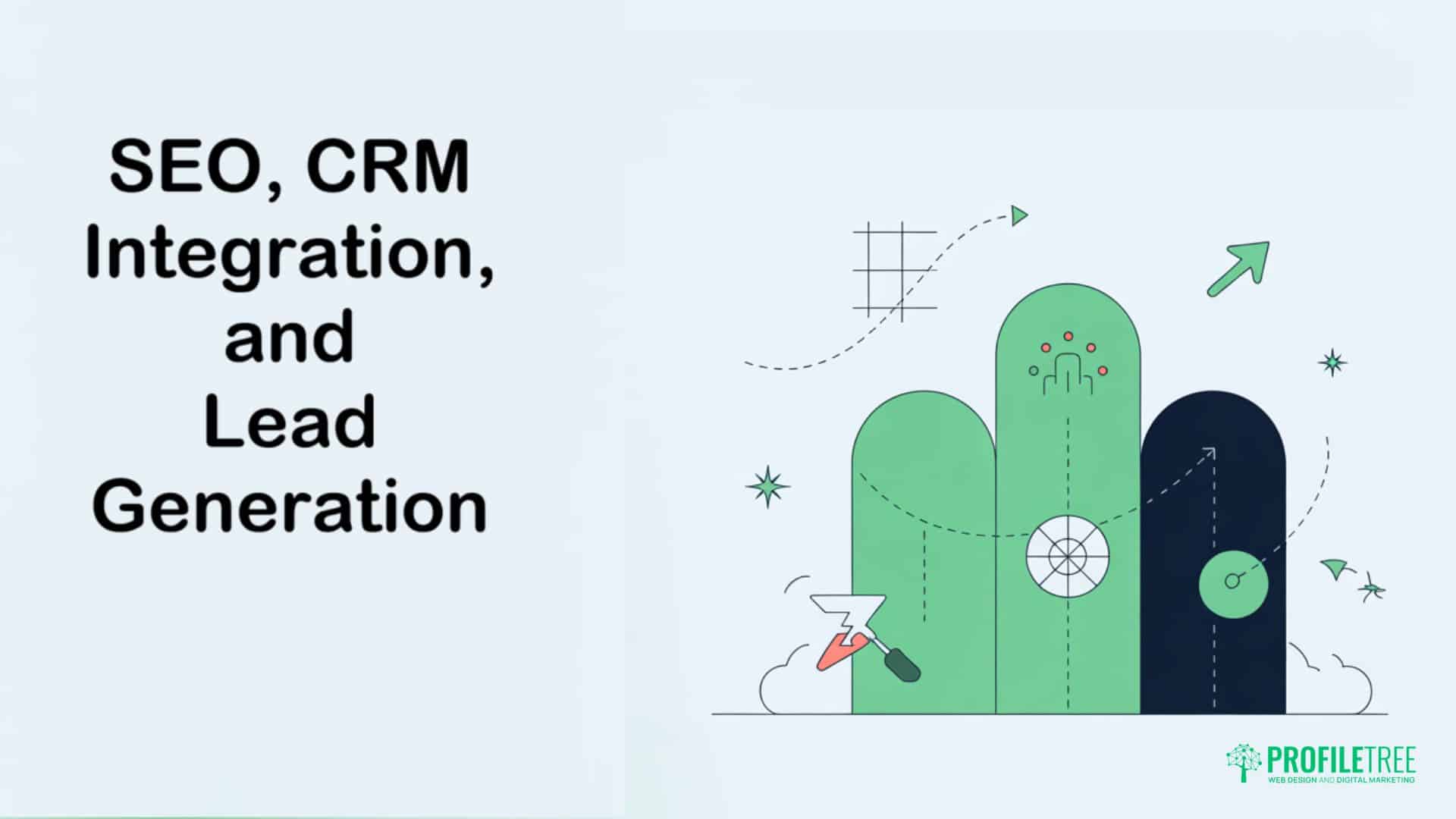 Text reads SEO, CRM Integration, Lead Generation, and Property Marketing next to an abstract illustration of green shapes, gears, and icons representing digital marketing, technology, and Virtual Tour solutions. ProfilTree logo appears at the bottom right.