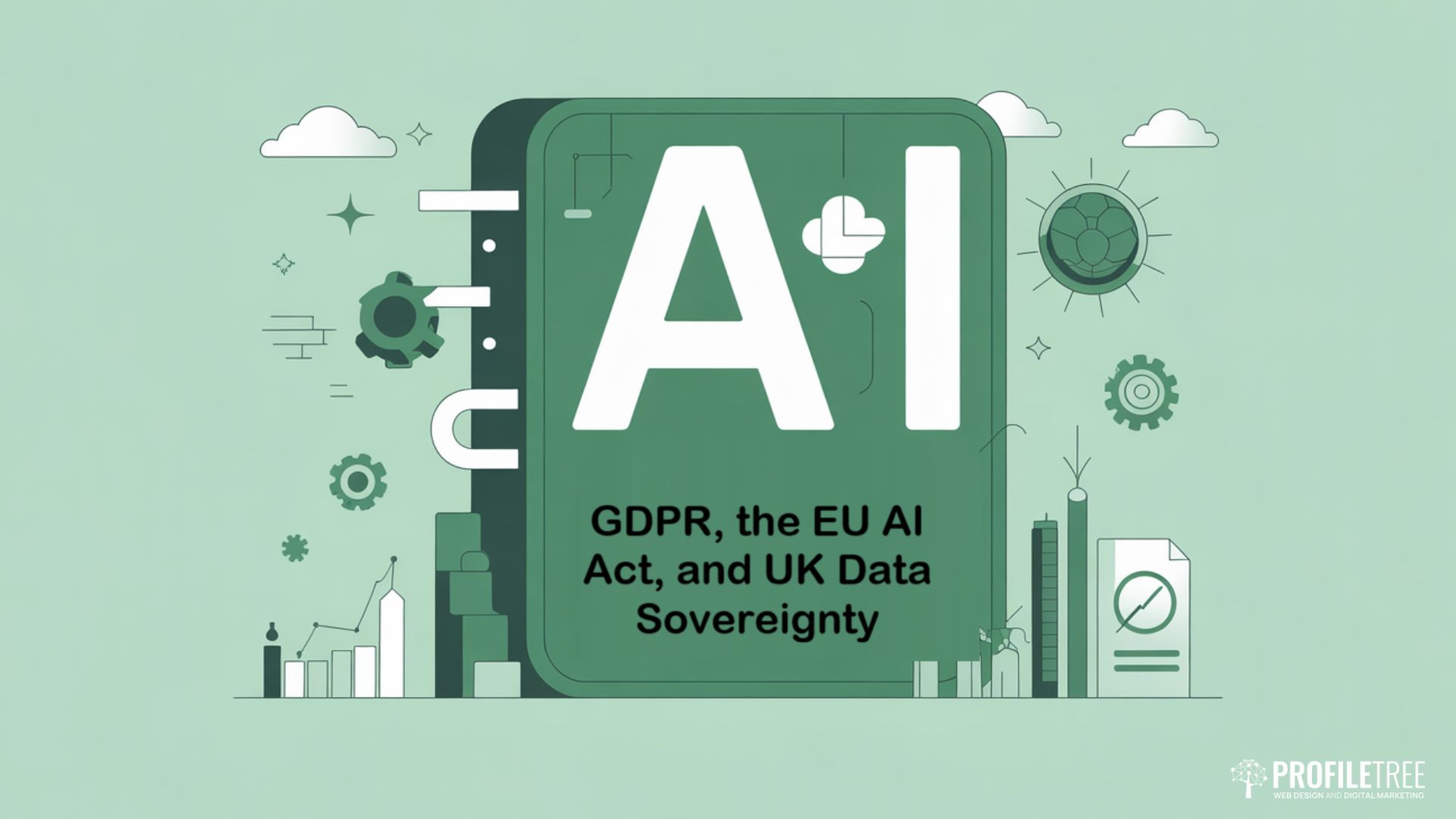 A large book labelled AI with icons of gears, data, and charts around it highlights topics such as GDPR, the EU AI Act, UK Data Sovereignty, and Voice Ai. The background features graphs and digital-themed illustrations.