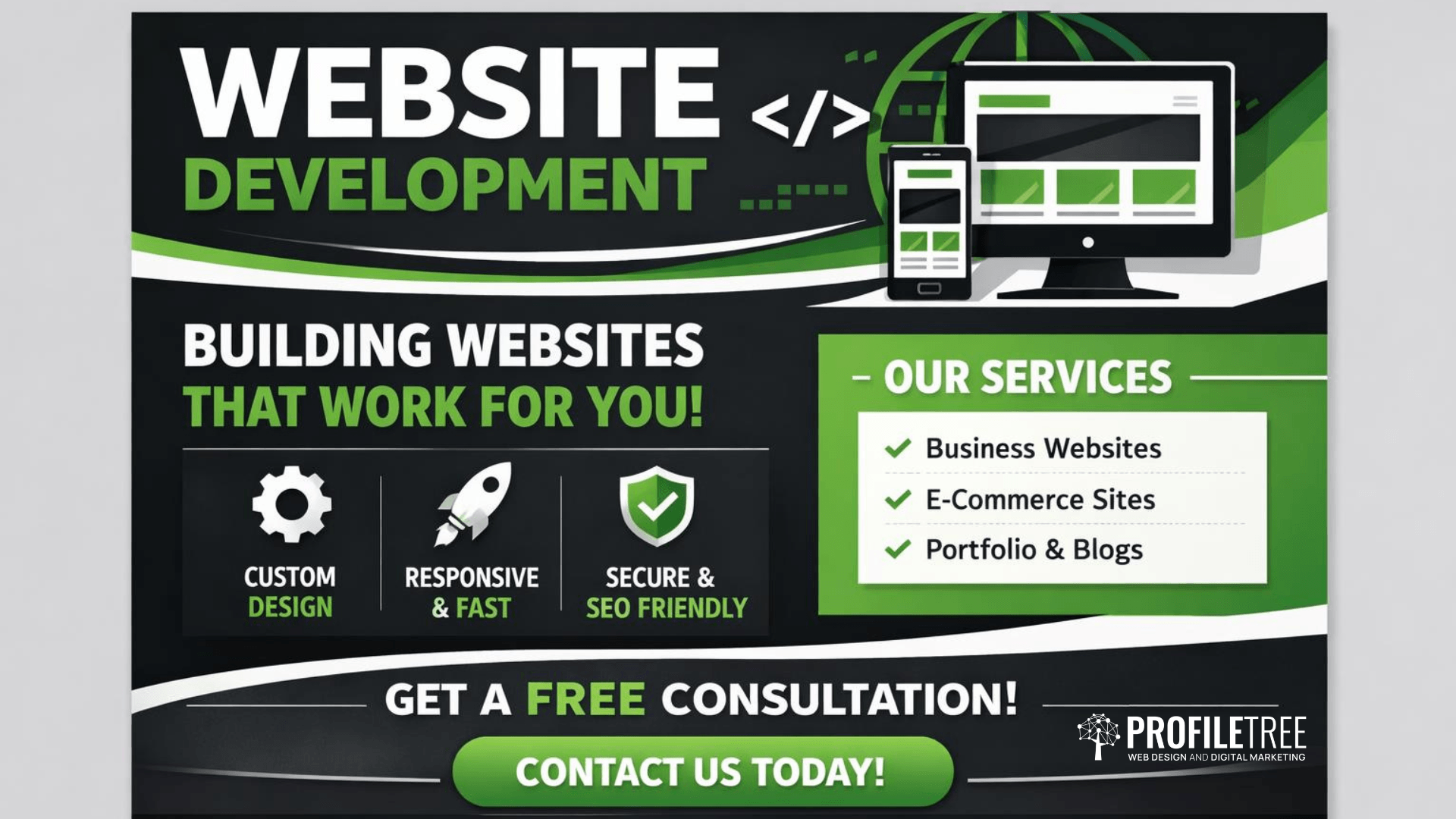 Promotional graphic for website development services, highlighting bespoke design, responsive and secure web development, plus business and e-commerce sites. Features a "Get a free consultation!" message and an easy-contact button.