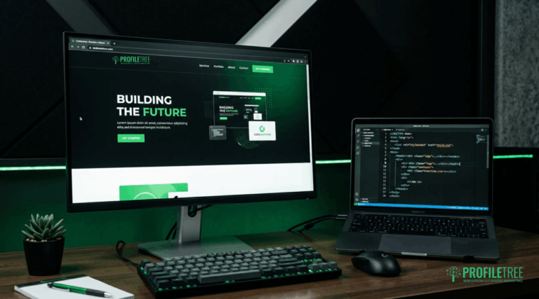 A desktop monitor displays a website with the text Building the Future, signifying website development, while a laptop beside it shows HTML code. Both sit on a desk with a keyboard, mouse, and the ProfileTree logo visible.