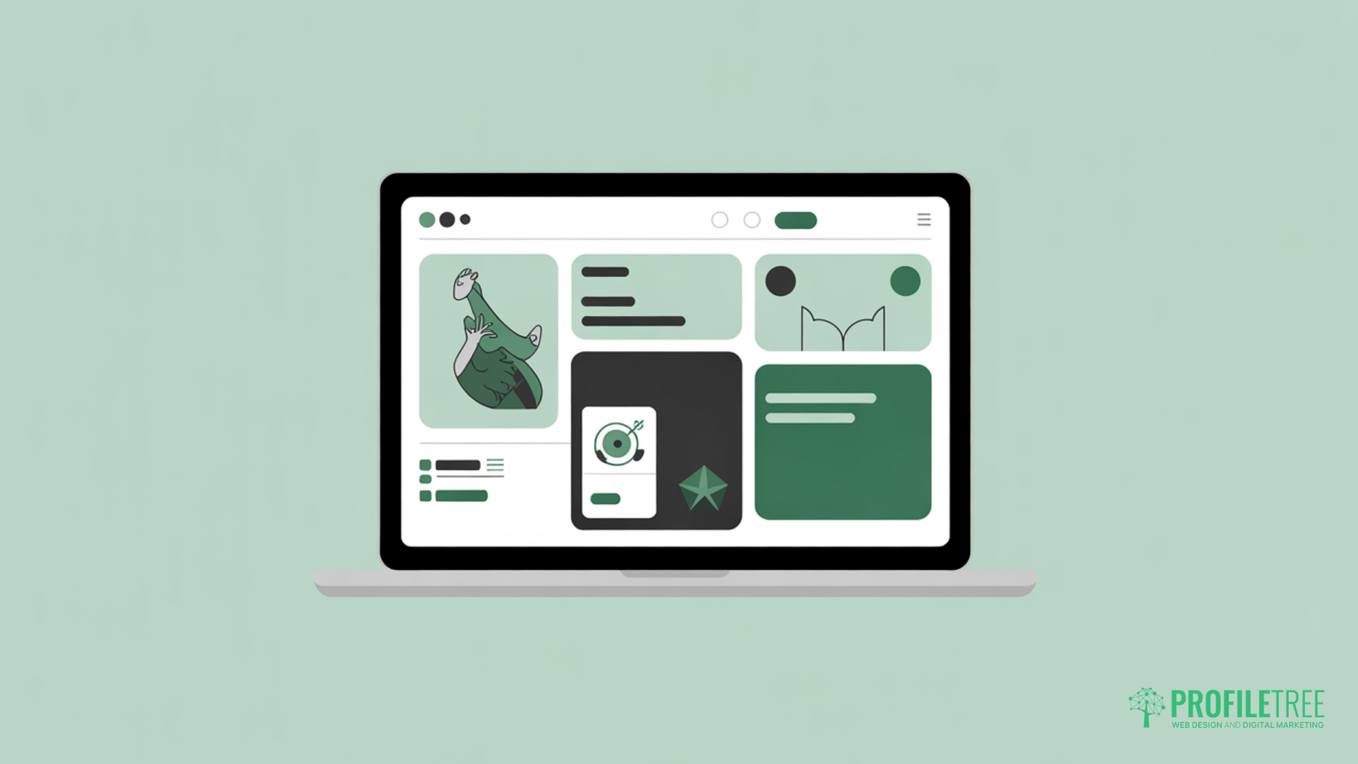 Illustration of a laptop displaying a website with various green and dark grey content blocks, graphics, and icons on the screen, highlighting website development. The ProfileTree logo appears in the bottom right corner.