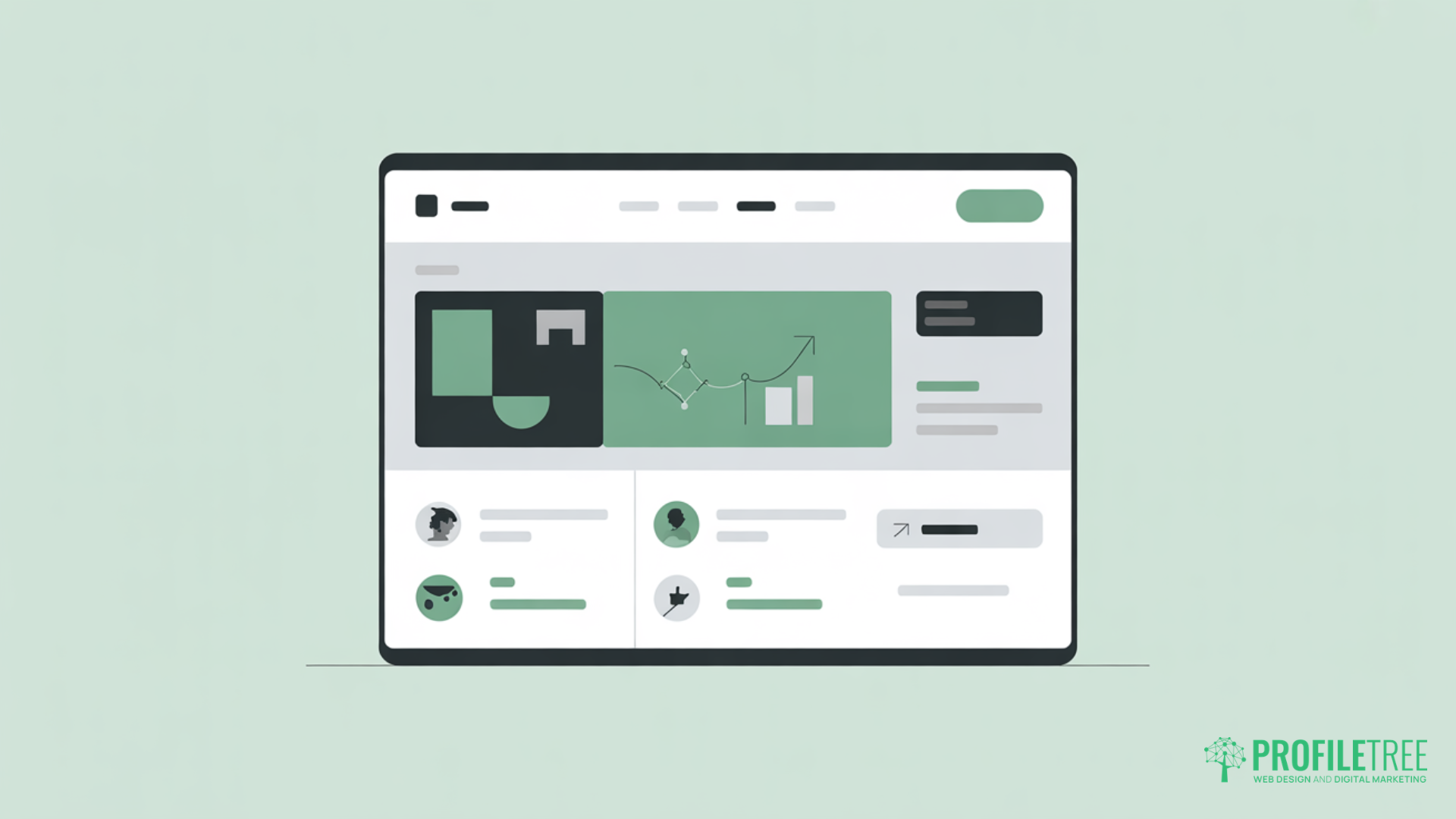 Illustration of a website development dashboard displaying user profiles, graphs, and navigation elements on a muted green background. The ProfileTree logo appears in the bottom right corner.