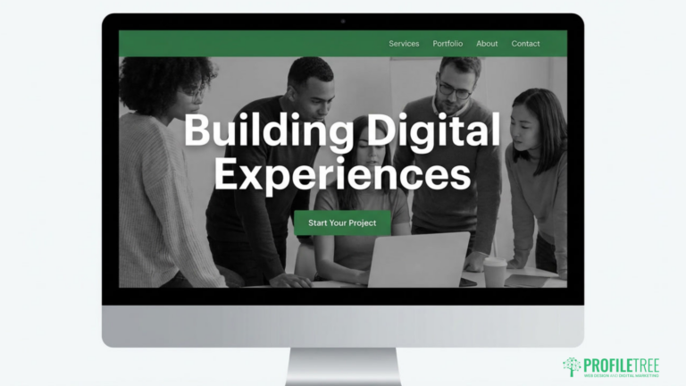 A computer screen displays a website showcasing Website Design, with five people gathered around a laptop. The site headline reads Building Digital Experiences with a button labelled Start Your Project and the ProfileTree logo in the corner. Website Design Agency