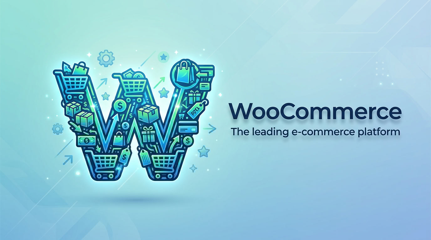 Large letter W filled with e-commerce icons like shopping trolleys, parcels, and currency symbols. To the right, text reads WooCommerce – The leading e-commerce platform on a blue gradient background. Website Development